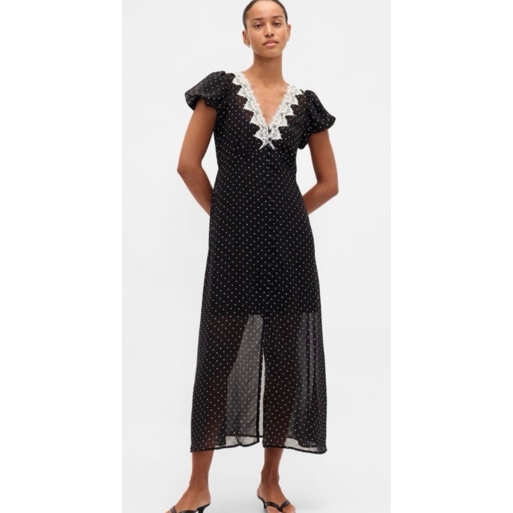 Gap Black Polka Dot Lace Trim V-Neck Button Front Midi Dress Large NEW